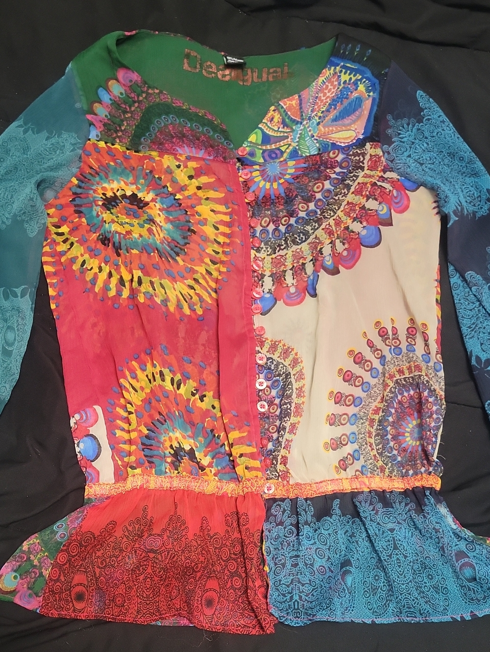Desigual Large* Vintage Y2K Patchwork Mesh Sheer Button Down Blouse Boho - Picture 4 of 7